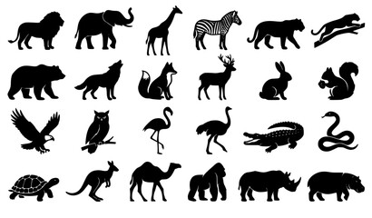 Minimal wild animal silhouettes vector collection with diverse mammals birds and reptiles isolated on white © MstMomena