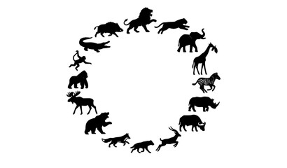 Fototapeta premium Safari wildlife animal silhouette bundle with African and forest mammals isolated vector illustration set