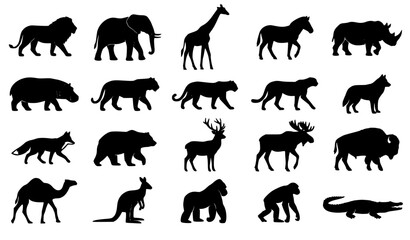 Wild animals silhouette vector set with lion elephant giraffe zebra deer bear wolf fox and safari wildlife collection © MstMomena