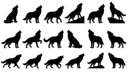 Obraz premium Black Howling Wolf Silhouette Bundle Vector Illustration with Wild Canine Icons Isolated on White