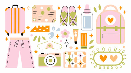 Collection of travel accessories and beauty products a flat vector illustration on a white background aesthetic © Rabindrabath