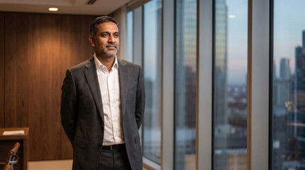 Fototapeta premium Successful businessman standing in a high rise office with city skyline view