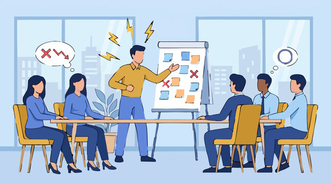 Tense Business Meeting with Frustrated Manager and Disengaged Employees