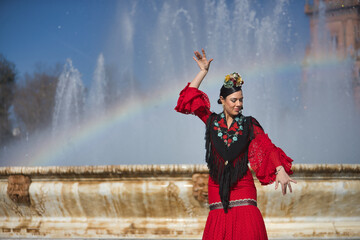 An Andalusian woman, wearing a red flamenco dress and a black shawl, with flowers in her hair, dancing flamenco next to a beautiful fountain in Seville’s Spain Square. A concept of dance and art. © Manuel