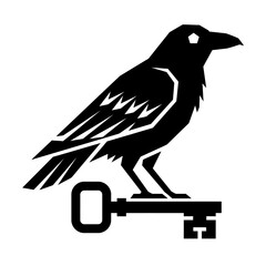 Obraz premium Black raven silhouette perched on vintage skeleton key.
