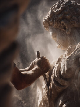 Stonemason skillfully carving a detailed statue with a chisel in bright sunlight during the afternoon
