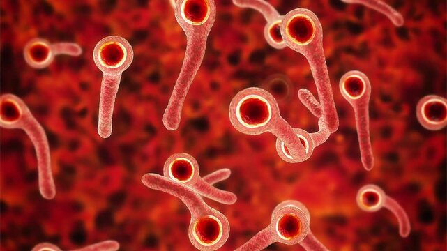 Clostridium tetani bacterium, 3D animation showing rod-shaped anaerobic cell with terminal spherical endospore giving drumstick appearance.