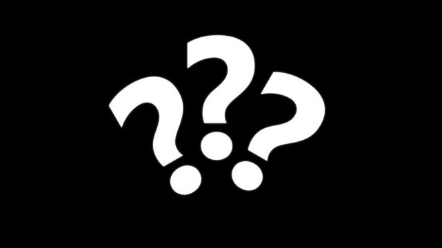 Glowing question mark symbols animation illustrating mystery concept, abstract inquiry icons and minimalist monochrome composition on black background