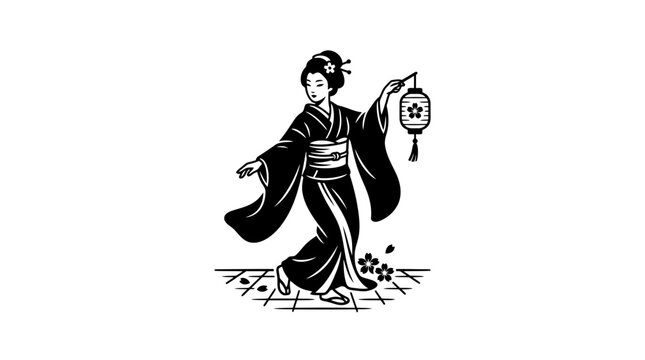Japanese Geisha with Lantern, Traditional Kimono, Black and White Illustration