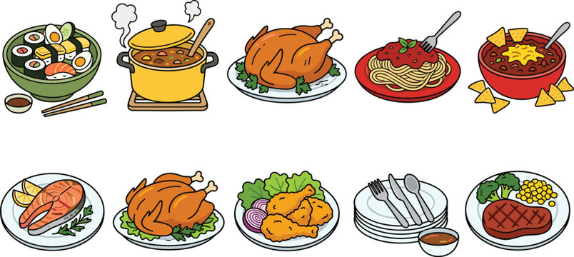 Delicious dinner food vector collection featuring roasted chicken spaghetti pasta beef steak sushi and catering dishware icons