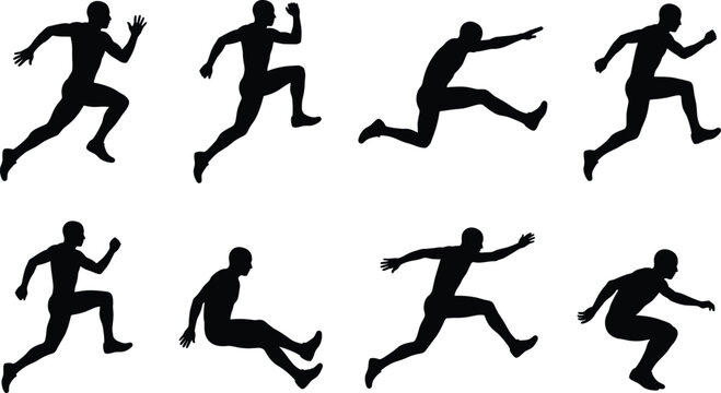 Set of dynamic running and jumping athlete silhouette icons for sports, fitness, and active lifestyle designs