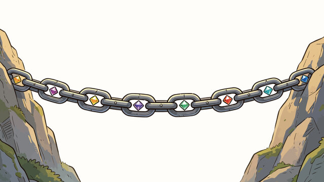 A Colorful Gem-Embedded Chain Bridge Spanning Deep Mountain Valley in Cartoon Style