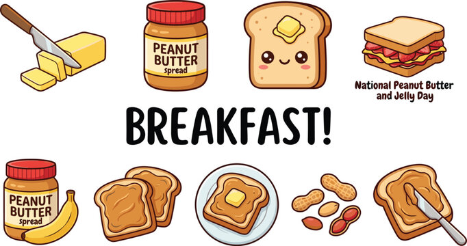Cute breakfast vector icon collection featuring cartoon peanut butter spread jelly sandwich sliced butter and toast elements