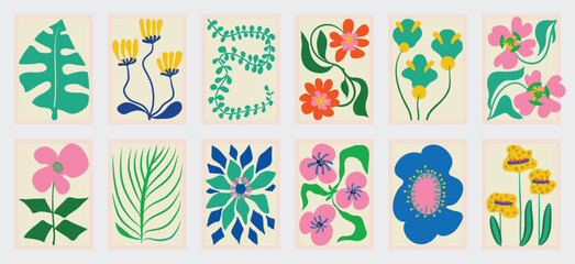Fototapeta premium Botanical doodle background art vector set. Flower and leaves abstract shape doodle art design for print, wallpaper, clipart, wall art for home decoration.