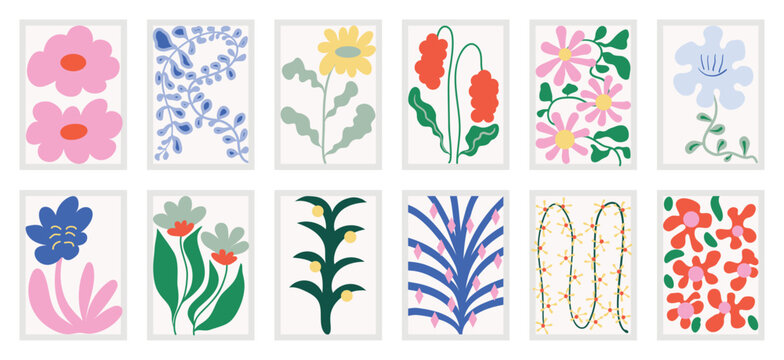 Botanical doodle background art vector set. Flower and leaves abstract shape doodle art design for print, wallpaper, clipart, wall art for home decoration.