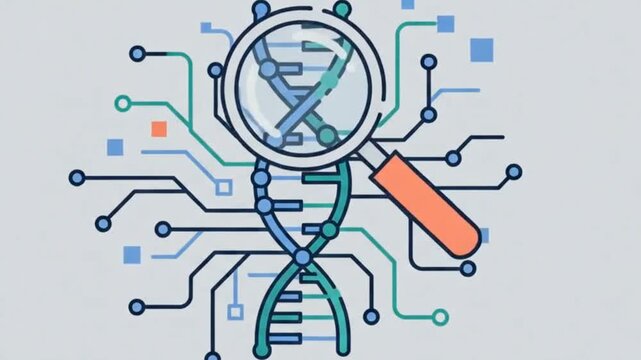 DNA strand merges with circuitry and magnifying glass