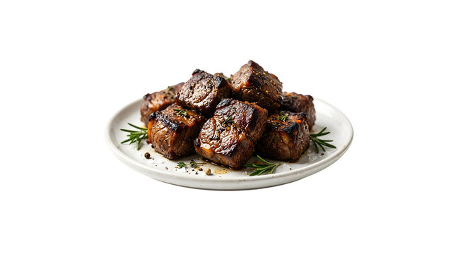 Delicious meat cubes on white plate with rosemary