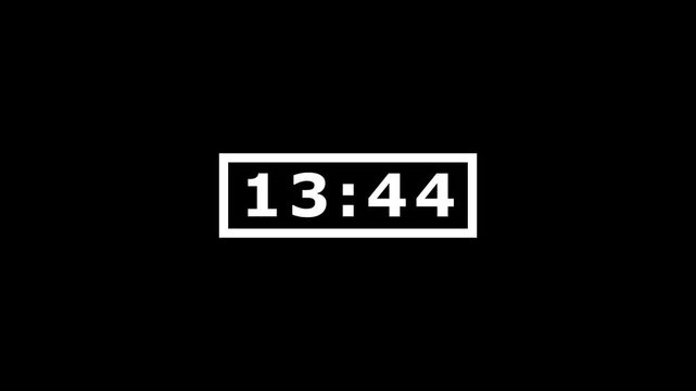 Digital stopwatch timer animation presenting fifteen minutes display with minimalist monochrome countdown design on black background