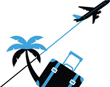Airplane flying over a palm tree and travel suitcase