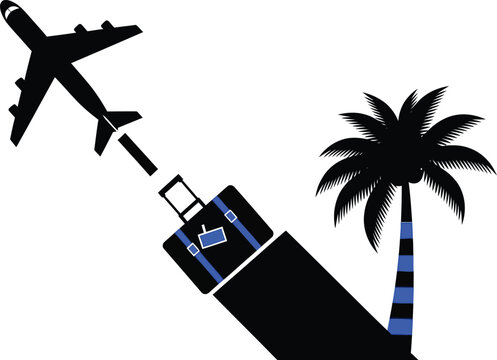 Airplane flying from a travel suitcase with a palm tree
