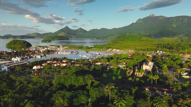 Aerial view of the Marina Bracuhy near the town of Angra dos Reis in Brazil on sunrise
