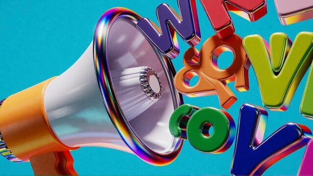 Megaphone with floating 3D letters. Marketing concept for communication and announcements.
