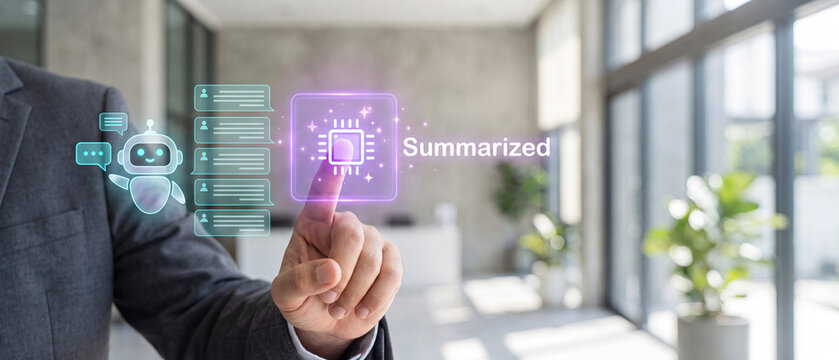 Businessman interacting with a digital interface showing a chatbot icon and a summarized data processing chip concept