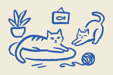 Naklejka premium Cats At Home naive Brush Art Vector Illustration