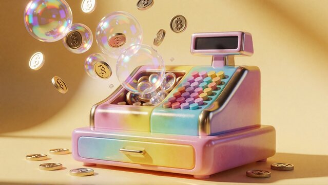 Pastel cash register with floating coins. Retail checkout machine with gold currency.