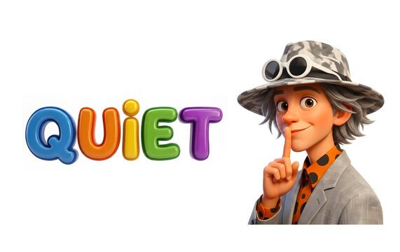 3d smooth render colorful well-dressed man with finger to lips shush hush quiet illustration white background