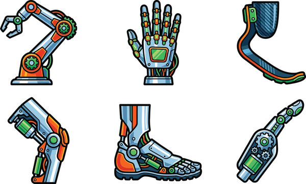 Collection of detailed robotic and prosthetic body parts including a bionic arm hand leg and foot representing future technology and human augmentation