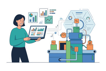 Fototapeta premium Asian female analyzing data on laptop for industrial automation in tech environment.