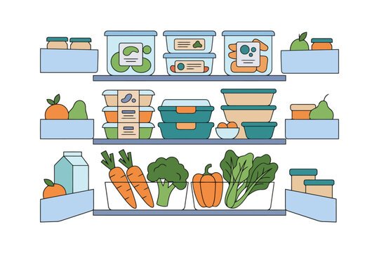 Organized pantry shelves filled with vegetables and tupperware containers.