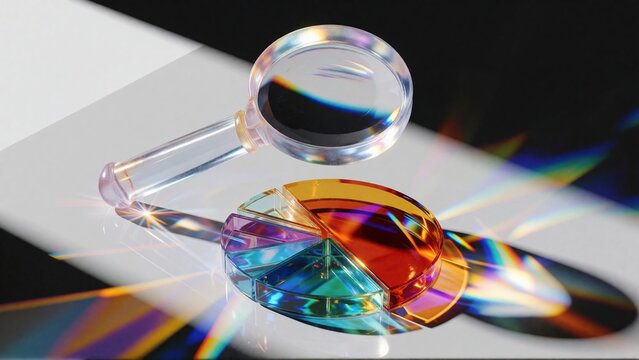 Magnifying glass over a colorful prism. Optical lens analyzing light spectrum refraction.