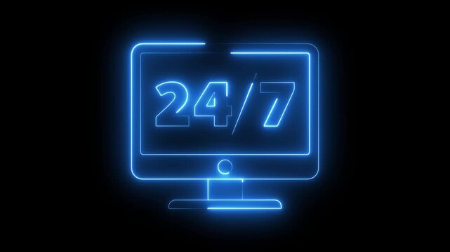 Dynamic glowing neon blue icon displaying twenty four seven service availability isolated on dark background motion graphics.