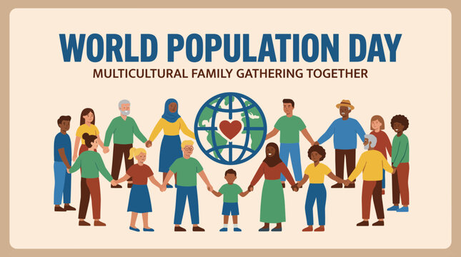World Population Day Multicultural Family Gathering Together Banner Template Design