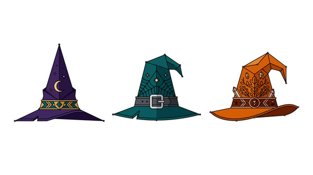 Flat design vector set of three stylized witch hats in purple, teal, and orange colors featuring celestial moon, spiderweb, and botanical crystal patterns on a white background.
