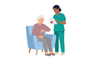 Fototapeta premium Elderly caucasian woman with digital device assisted by young african female nurse in healthcare setting.
