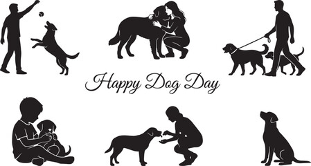 Fototapeta premium Happy Dog Day vector silhouettes, people playing with pet dogs collection, black animal owner icons, puppy training and walking set isolated on Transparent Background