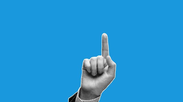 Halftone hand showing refusal or warning gesture on blue background. Retro pop art style, suitable for prohibition, denial, and boundary concepts.