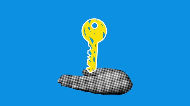 Halftone hand holding floating key with scribble effect on blue background. Retro pop art style, seamless loop for real estate, access, and opportunity concepts.