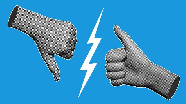 Two halftone hands showing thumbs up and thumbs down with lightning bolt on blue background. Retro pop art style, seamless loop for rating, feedback, and comparison concepts.