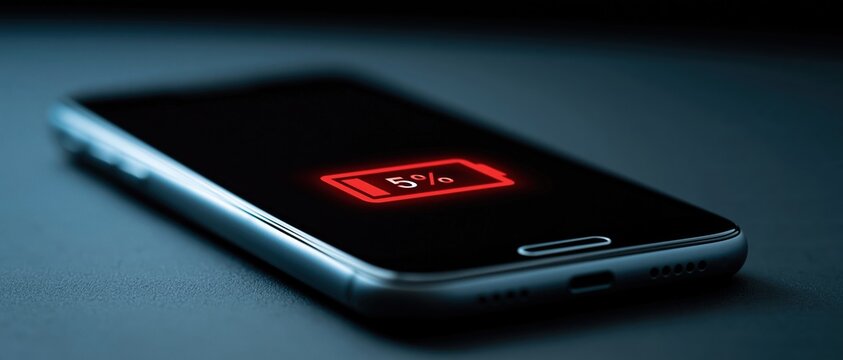 Urgency meets digital dependency a glowing red 5 battery warning illuminates a darkened smartphone screen. Perfect for tech, energy, mobile lifestyle, and deadline driven campaign concepts.