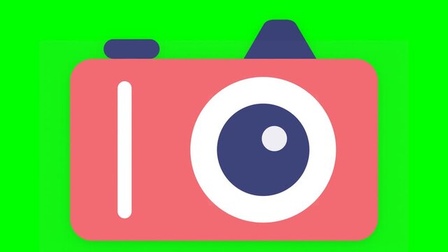 Flat vector icon of a red digital camera with a big lens on a bright green background
