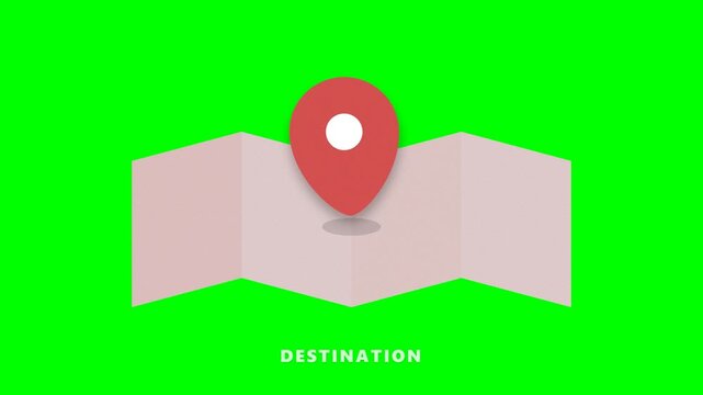Flat vector illustration of a folded travel map with a red location pin marker indicating a destination on a bright green background