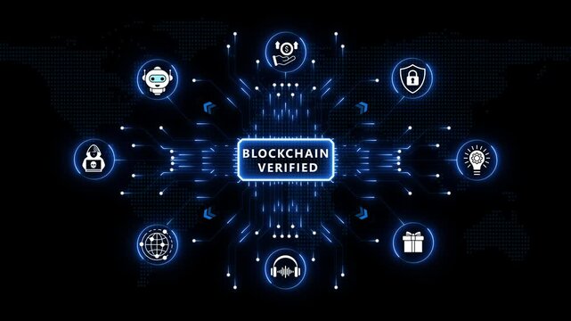 Blockchain verification technology dashboard illustrating secure digital transactions, decentralized networks, intelligent data protection and futuristic cyber infrastructure on dark blue background