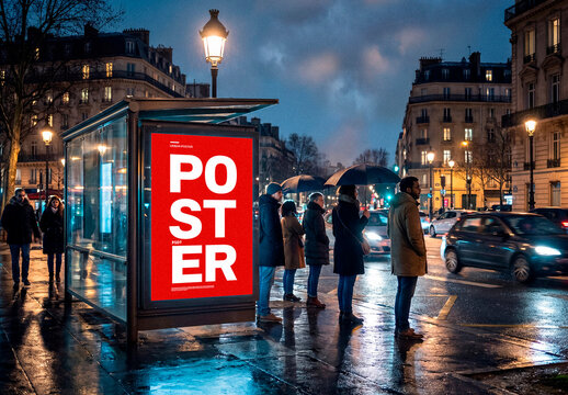 Bus stop billboard mockup at night in city street