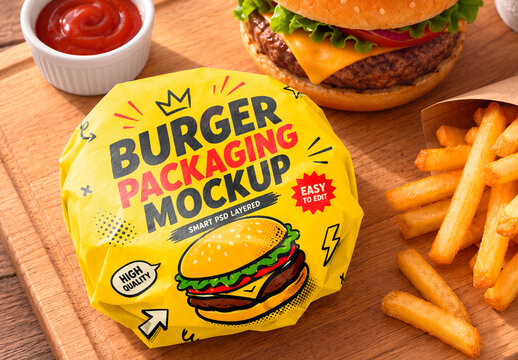 Top View Wrapped Burger Mockup with Fries