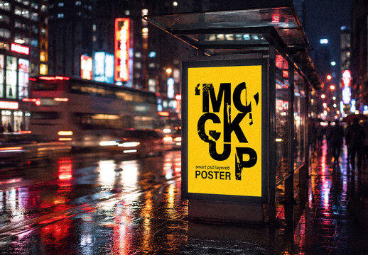 Bus Shelter Advertising Display Mockup at Night