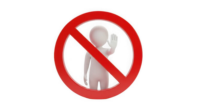 3D character behind a red prohibition sign isolated on transparent background